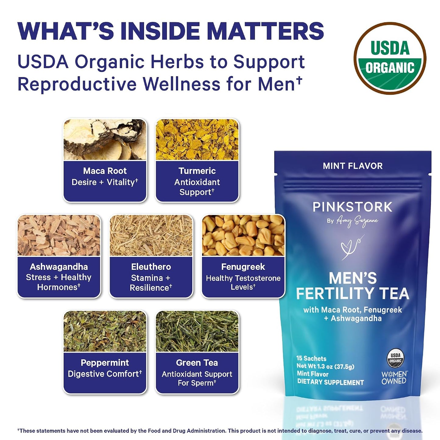 BlueStork Organic Fertility Tea for Men, Mint, 15 Sachets | Organic Fertility Supplements for Men - Green Tea, Maca Root, and Ginkgo Biloba - Male Reproductive Health