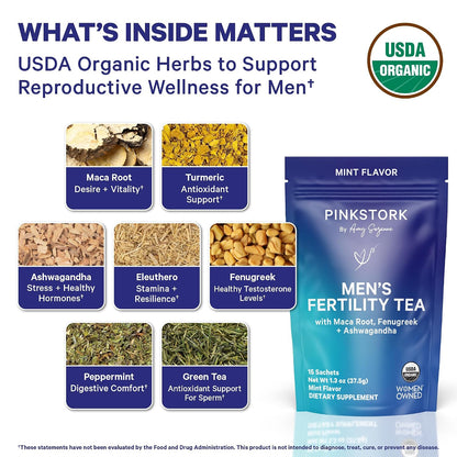 BlueStork Organic Fertility Tea for Men, Mint, 15 Sachets | Organic Fertility Supplements for Men - Green Tea, Maca Root, and Ginkgo Biloba - Male Reproductive Health