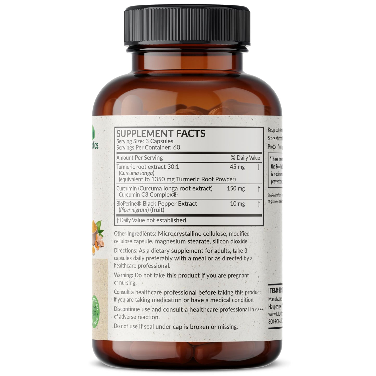 Futurebiotics Turmeric + Curcumin, Antioxidant, Joint & Digestion Support with BioPerine for Enhanced Nutrient Intake, Non-GMO, 90 Vegetarian Capsules