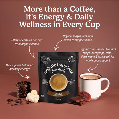 Organic Traditions Mind Fuel Instant Mushroom Coffee Alternative, Caffeine Free Lion’s Mane and Maca Herbal Drink with Dandelion, Chicory, Roasted Grain Blend, Natural Focus Support, 140g / 5oz