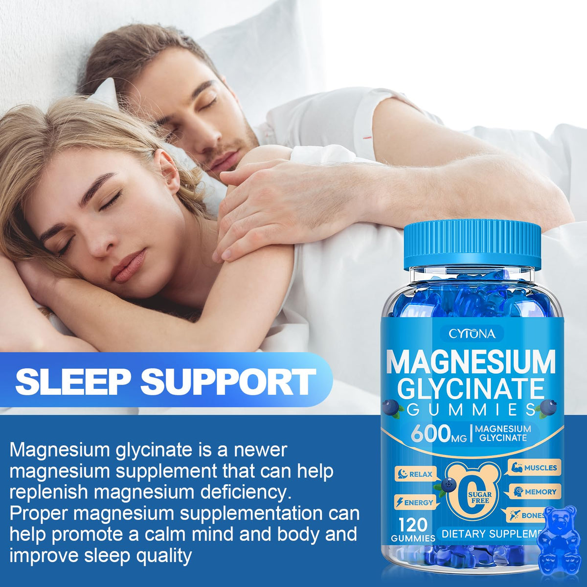 Magnesium Glycinate Gummies 600mg, Sugar Free Magnesium Gummies for Adults