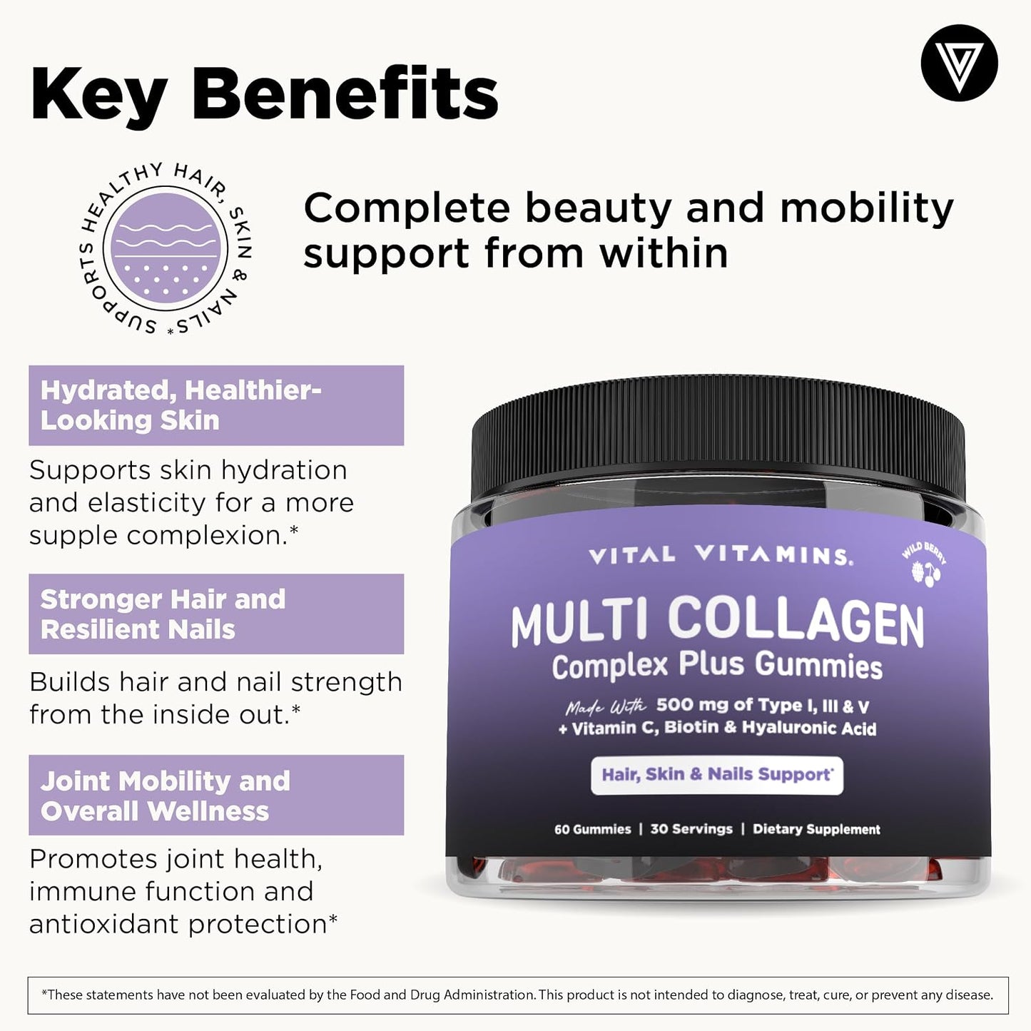 Vital Vitamins Multi Collagen Complex Plus Gummies - Collagen Peptides Types I, III & V with Hyaluronic Acid, Biotin, Vitamin C & Vitamin D - Hair, Skin & Nail Support - Wild Berry - 60 Count