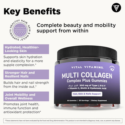 Vital Vitamins Multi Collagen Complex Plus Gummies - Collagen Peptides Types I, III & V with Hyaluronic Acid, Biotin, Vitamin C & Vitamin D - Hair, Skin & Nail Support - Wild Berry - 60 Count