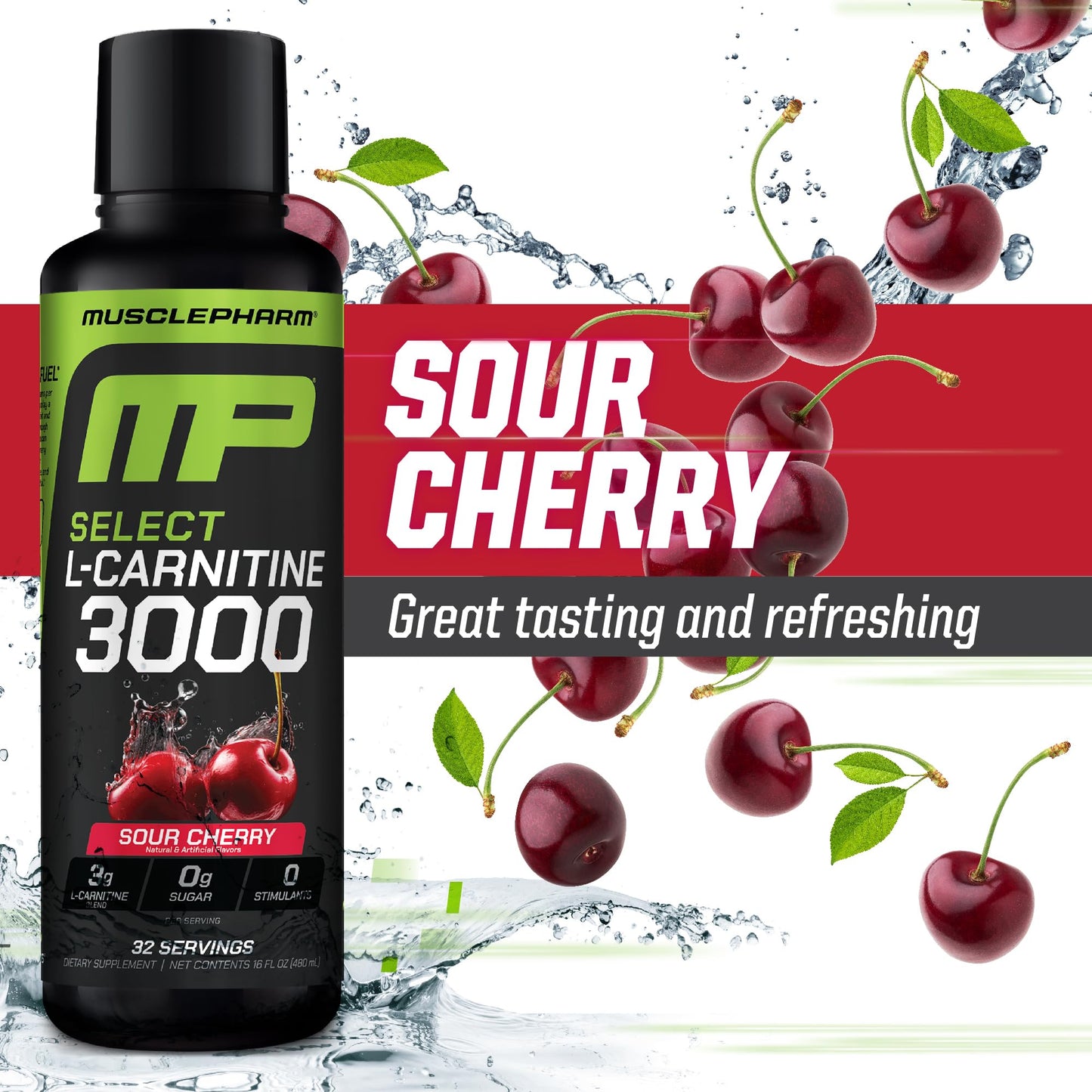 Muscle Pharm L-Carnitine 3000, The Ultimate Liquid L Carnitine Supplement for High-Performance, Supports Metabolism, Hydration & Energy, Zero Sugar, Low Calories, Sour Cherry Flavor, 32 Servings