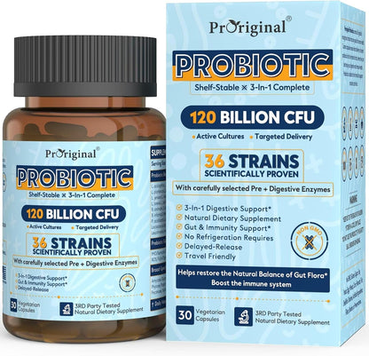 Probiotics for Women & Men 120 Billion CFU with 36 Strains, 30 Caps | Digestive and Gut Health, Delayed Release Capsules, Stomach Acid Resistant, No Need for Refrigeration, Non-GMO Raw Probiotic