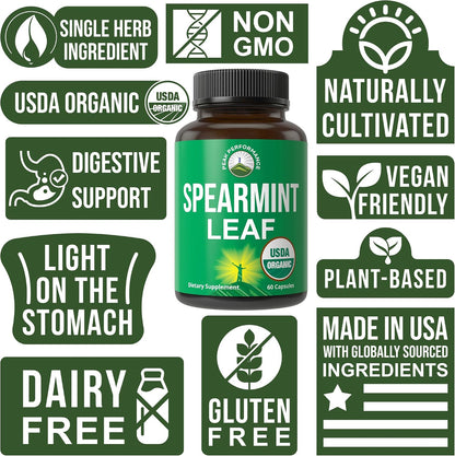 Peak Performance USDA Organic Spearmint Capsules. Organic Vegan Spearmint Leaf Pills for Digestive Support, Ingestion, and More. USA Tested Supplement for Women and Men.