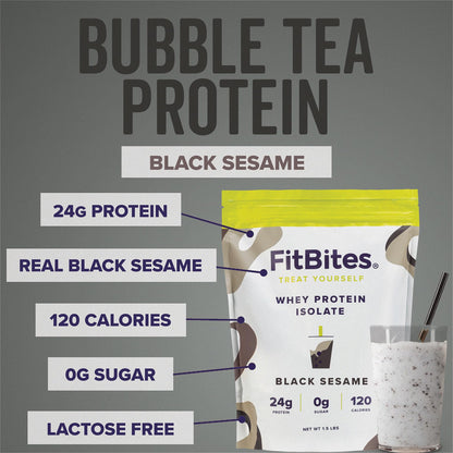 FitBites Boba Whey Protein Isolate (Black Sesame), 5.9g BCAAs, Gluten Free, Zero, Sugar