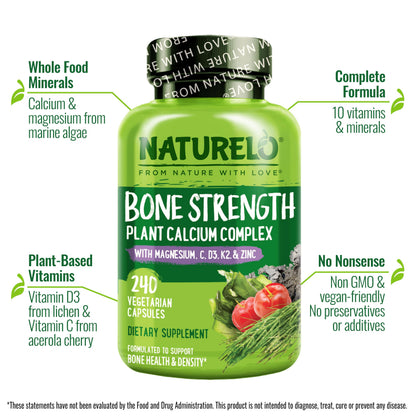 NATURELO Calcium Supplement - with Vitamin C, Vitamin D3, K2, and Calcium Magnesium Zinc for Bone Strength with Calcium 600mg - Plant-Based, 120 Vegetarian Capsules, Non-GMO, Soy & Gluten-Free