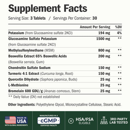 Glucosamine Chondroitin MSM Joint Support Supplement for Women & Men 90 Ct