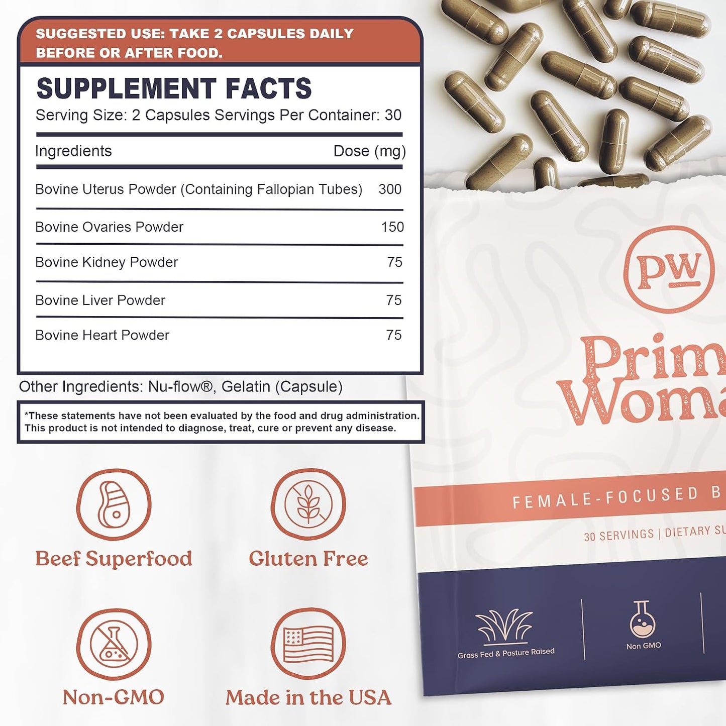 Beef Organ Liver Heart for Women, Grass-Fed, 60 Capsules | Pasture-Raised, Nutrient-Dense Nutrition for Daily Energy, Hormone Balance and Vitality; Easy-to-Swallow Female Formula