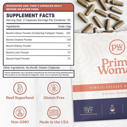 Beef Organ Liver Heart for Women, Grass-Fed, 60 Capsules | Pasture-Raised, Nutrient-Dense Nutrition for Daily Energy, Hormone Balance and Vitality; Easy-to-Swallow Female Formula
