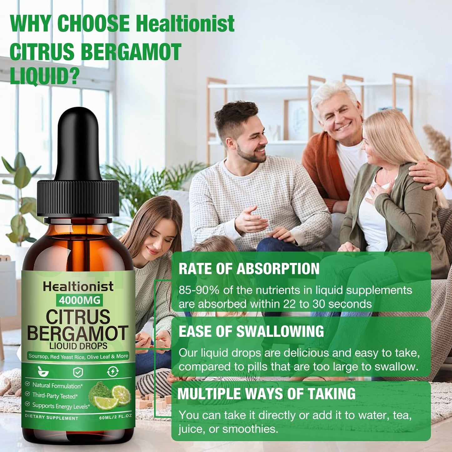 2 Packs 4000mg Citrus Bergamot Liquid Drops - Cholesterol Lowering Supplement for Immune Support Anti-Aging, Hight Cholesterol - Soursop Bitters Liquid, High Absorption, 4 Fl Oz