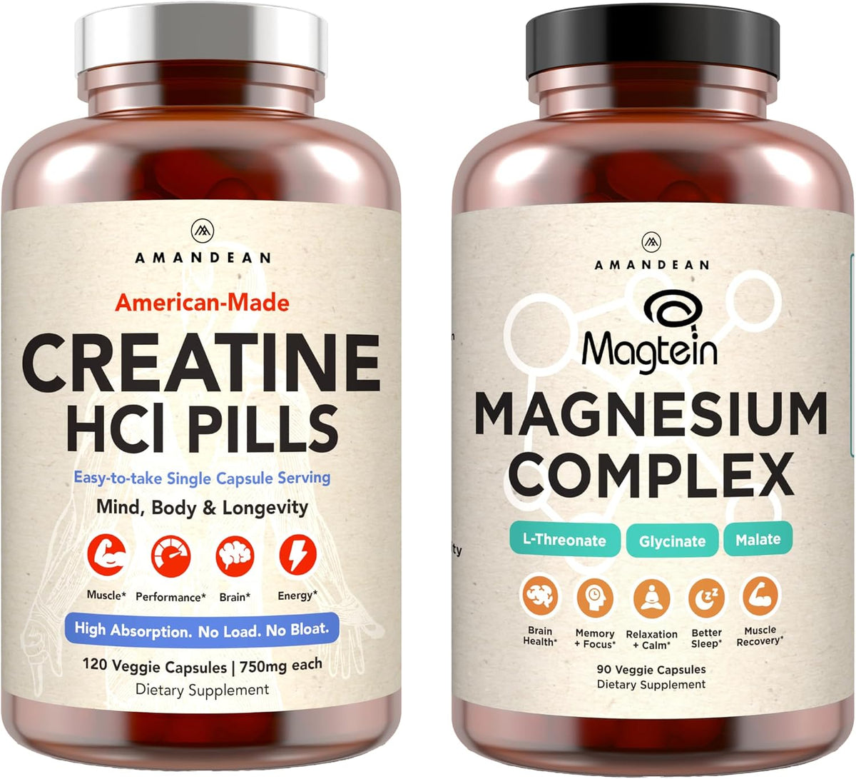 AMANDEAN Magnesium Complex & Premium Creatine HCl Bundle. Branded & Studied. USA-Made CON-CRET. High-Absorption Magnesium Threonate, Glycinate & Malate. Lean Muscle. Energy. Cognition, Memory & Sleep