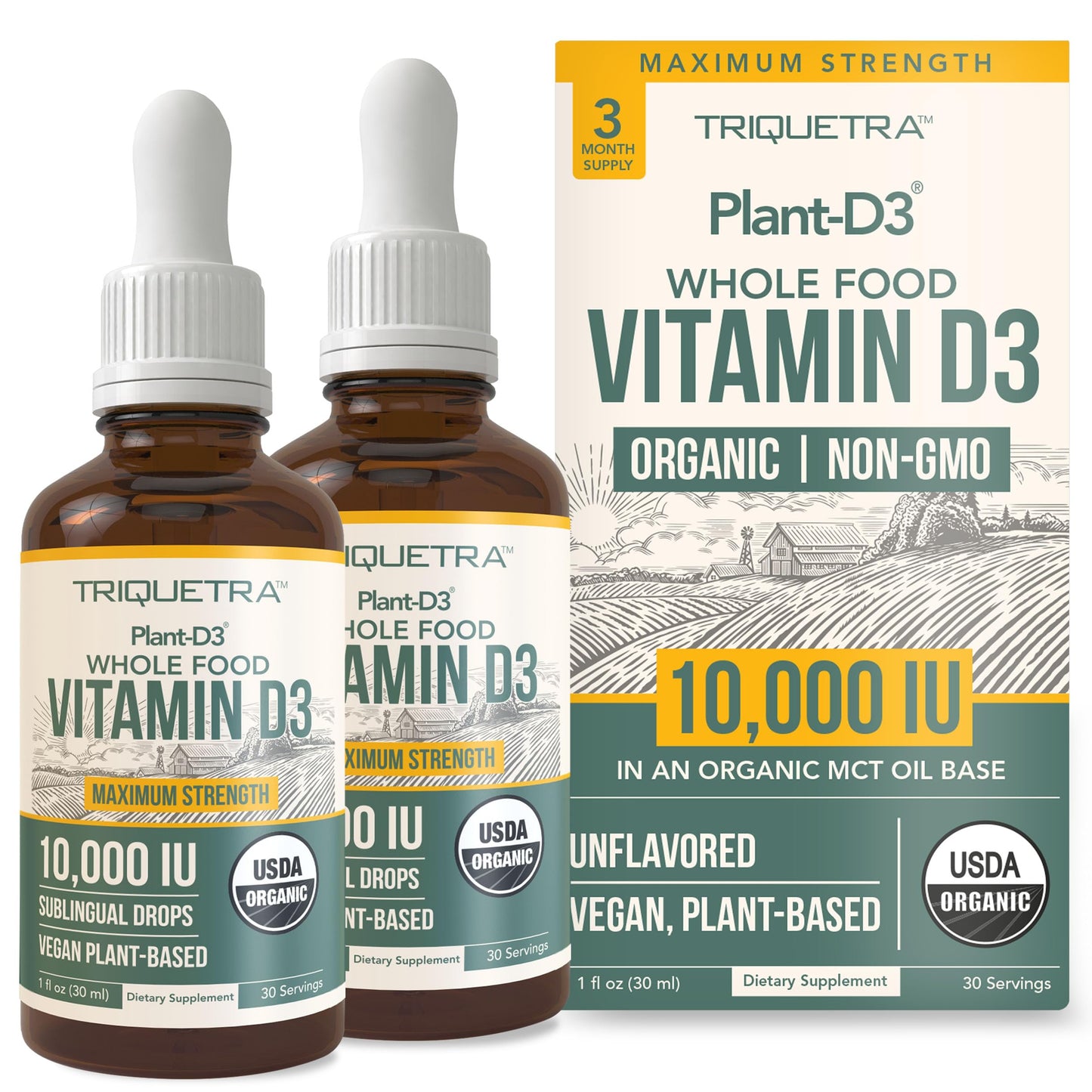 Organic Vitamin D3 10,000 IU - Plant D3, Vegan, Max Strength Sublingual Liquid D3 Drops - 200% Higher Absorption, 100% Plant-Based Cholecalciferol Form & Vegan D3, Adjustable Dosing (30 Servings)