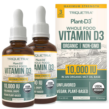 Organic Vitamin D3 10,000 IU - Plant D3, Vegan, Max Strength Sublingual Liquid D3 Drops - 200% Higher Absorption, 100% Plant-Based Cholecalciferol Form & Vegan D3, Adjustable Dosing (30 Servings)