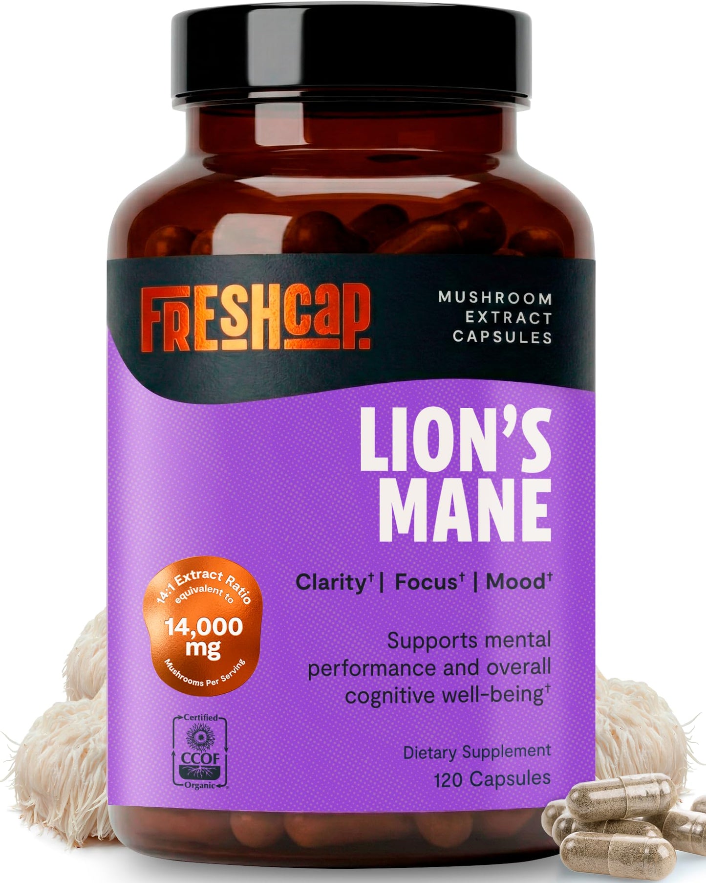 FreshCap Mushrooms Premium Organic Lions Mane Capsules - 14:1 Fruiting Body Extract with 31% Beta-Glucans - 3rd-Party Tested Nootropic for Clarity, Focus & Cognitive Support (120 Capsules)