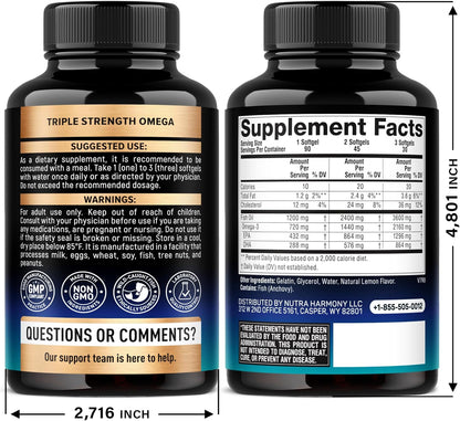 Omega 3 Fish Oil 3600 mg - Omega 3 Supplement | EPA & DHA - Heavy Metals Tested - Heart, Brain & Joint Support - Purified Fish Oil for Men & Women - Lab Tested - Lemon Flavored - 90 Softgels