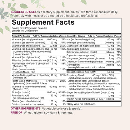 Micro Ingredients Prenatal Vitamins for Women | 38-in-1 with Folate, DHA, Choline, Iron, Probiotics, Inositol, & Vitamin C, D, B Complex | No Fillers | 240 Veggie Capsules