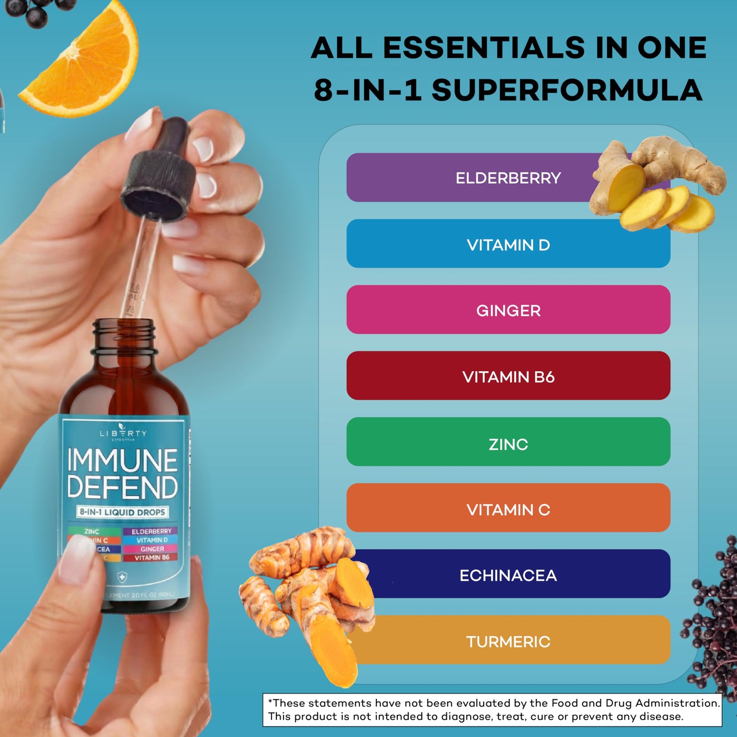 8-in-1 Immune Support Liquid Drops – Elderberry, Turmeric Curcumin, Echinacea, Ginger, Vitamins C & D3, Zinc & B6 – Fast-Absorbing Immune & Antioxidant Support – Vegan, Non-GMO – 4 oz
