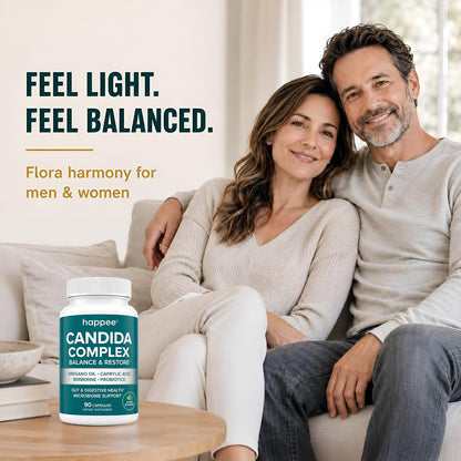 Happee Candida Cleanse Detox Supplement, Gut & Digestive Health, 90 Caps | For Women & Men - Yeast Overgrowth Support – Oregano, Caprylic Acid, Berberine & Probiotics