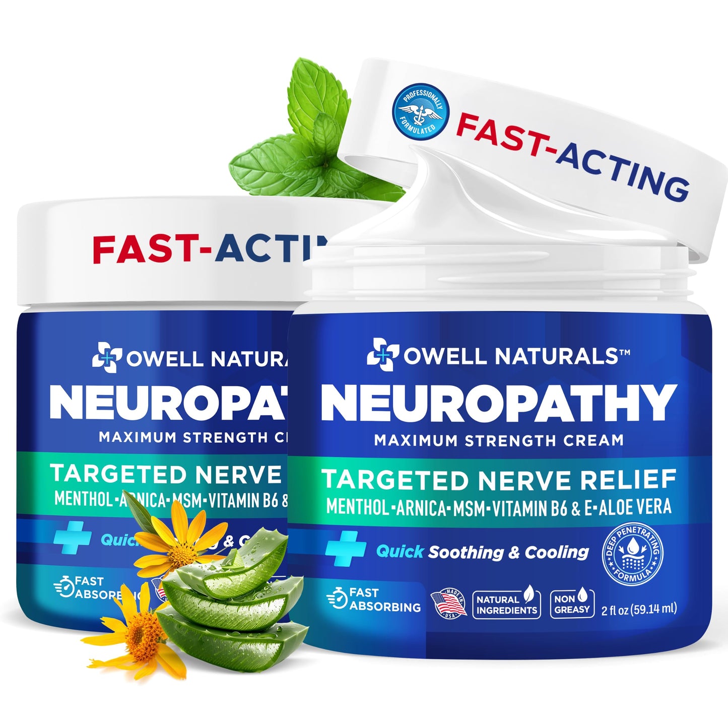Owell Naturals Neuropathy Cream Extra Strength – Fast Absorbing Cooling for Leg, Feet & Hands – Advanced Soothing Formula with Aloe Vera, Arnica, MSM & Vitamin B6 – Made in USA, 2 fl oz