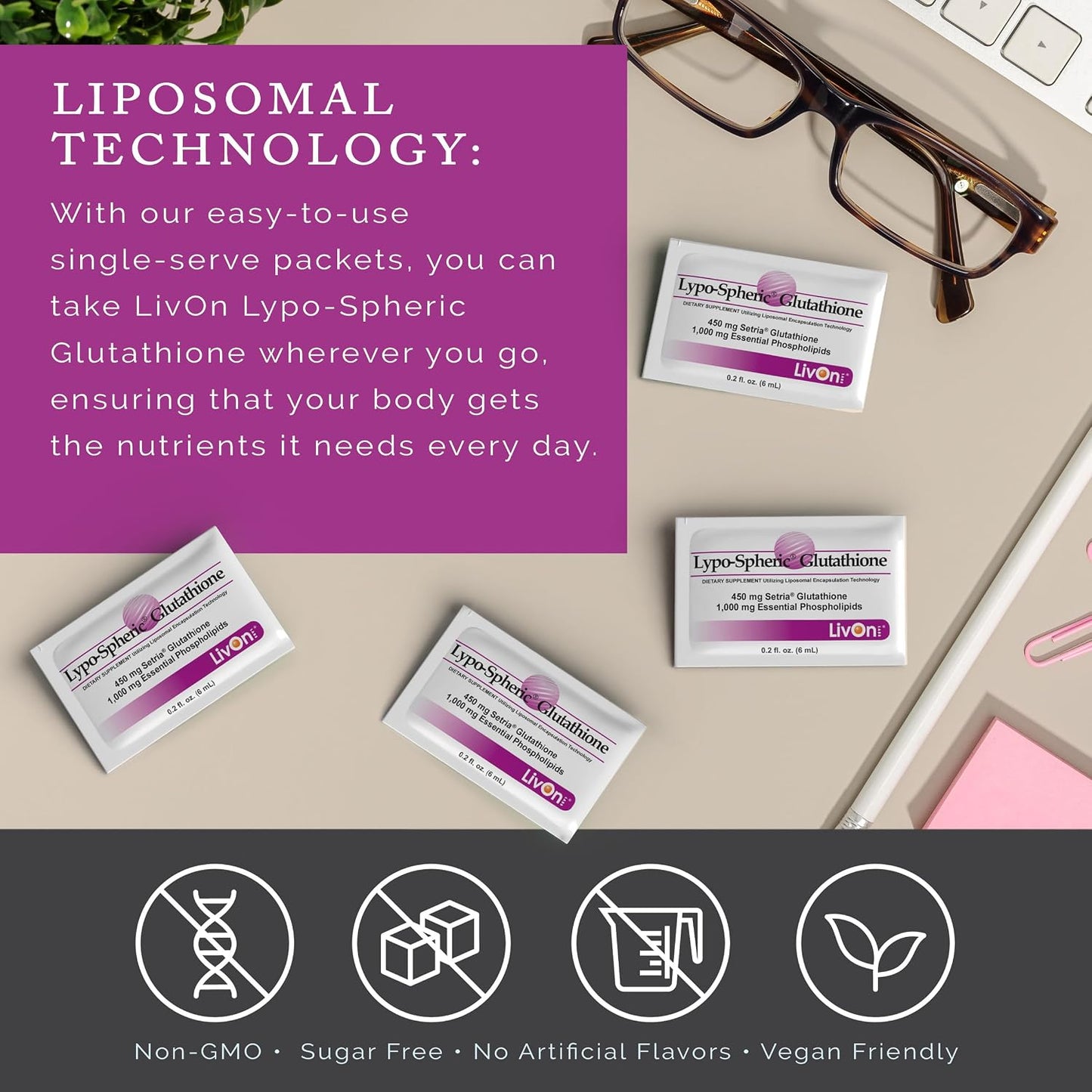 LivOn Laboratories Lypo-Spheric Glutathione - 30 Packets – 450 mg Glutathione Per Packet – Liposome Encapsulated for Maximum Bioavailability – Professionally Formulated – 100% Non-GMO