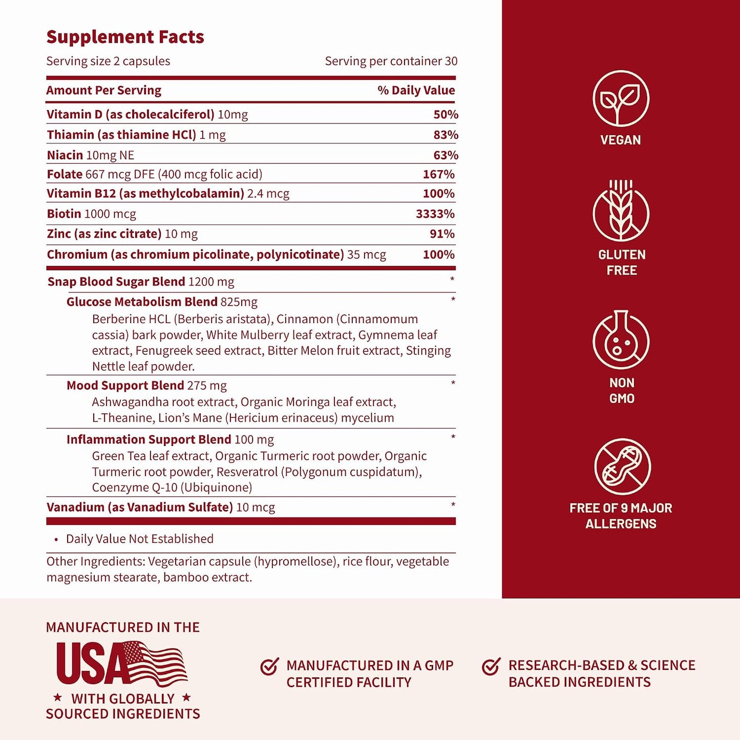 Snap Supplements Blood Sugar Blend with Berberine, CoQ10, 60 Vegan Capsules | Support Already Healthy Blood Sugar, Metabolic Health and Energy, Sugar Free, with CoQ10, Cinnamon (Packaging May Vary)