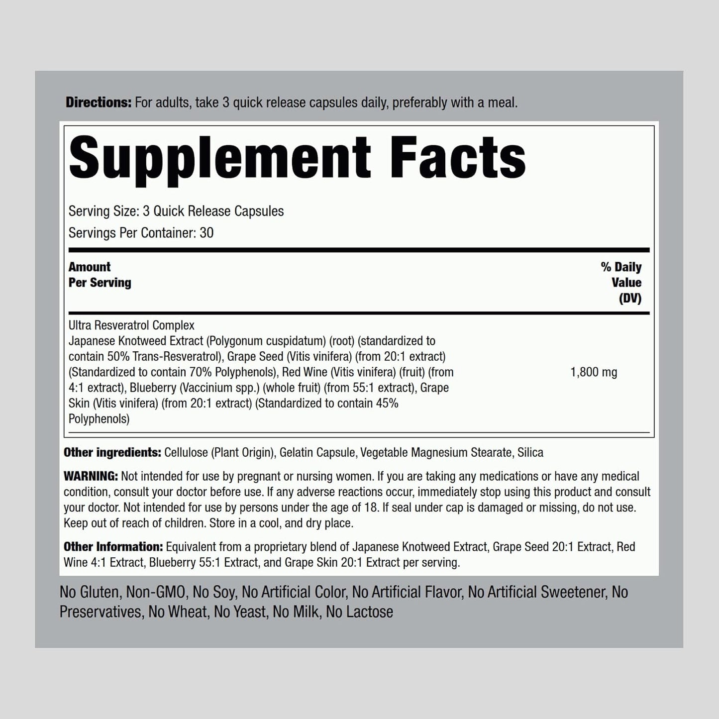 Piping Rock Resveratrol Complex | 90 Capsules | Ultra Potent Formula | Non-GMO, Gluten Free Supplement