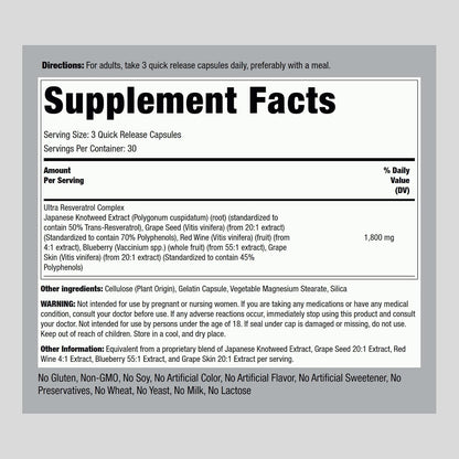 Piping Rock Resveratrol Complex | 90 Capsules | Ultra Potent Formula | Non-GMO, Gluten Free Supplement