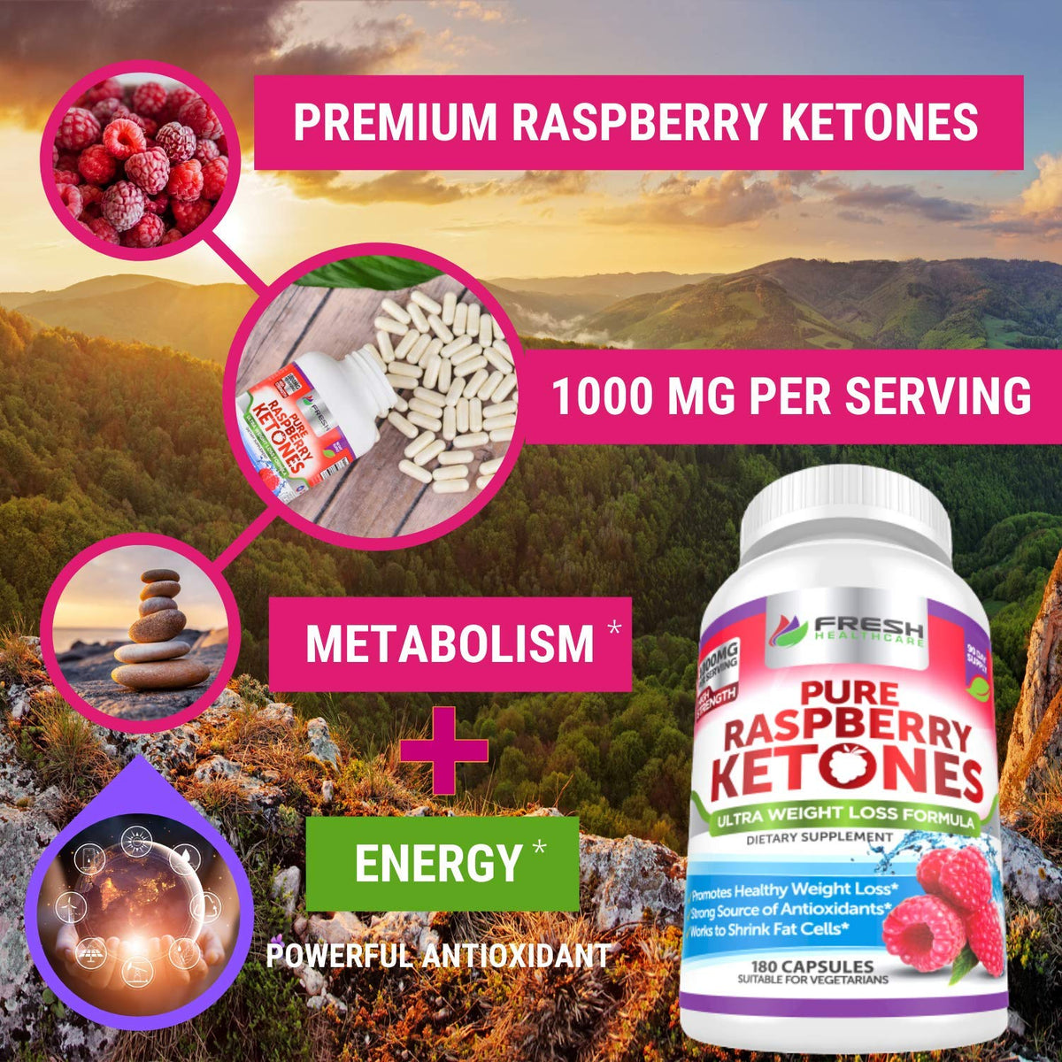 FRESH HEALTHCARE Pure 100% Raspberry Ketones Max 1000mg Per Serving - 3 Month