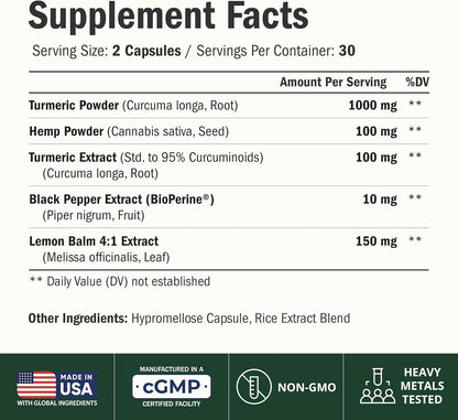 Turmeric Curcumin Supplement with Hemp Seeds & Lemon Balm Extract – 60 Caps