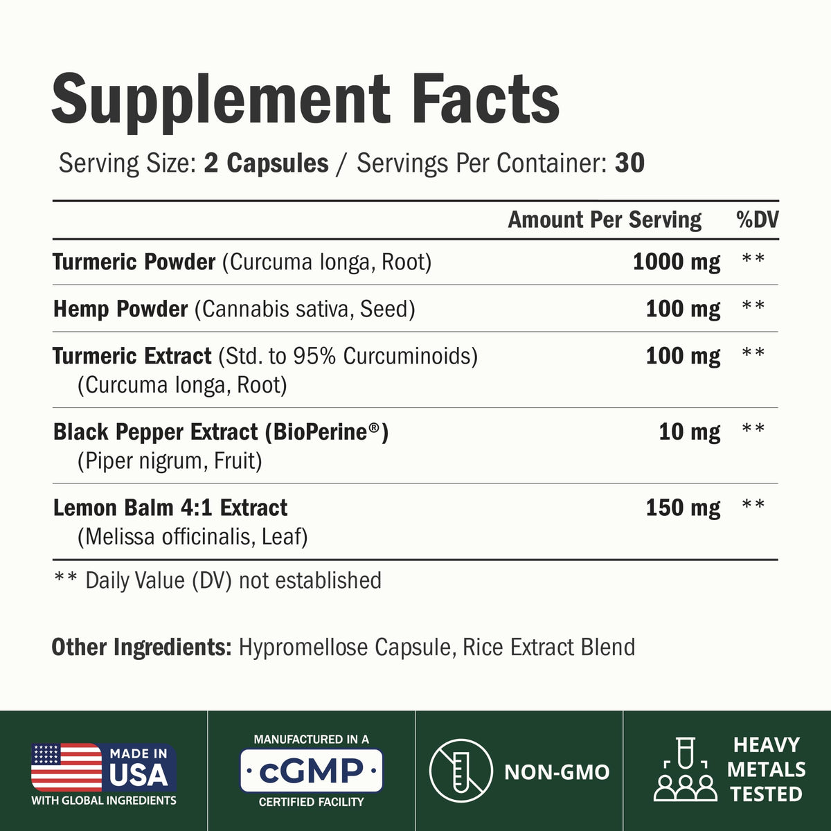 Turmeric Curcumin Supplement with Hemp Seeds & Lemon Balm Extract – 60 Caps