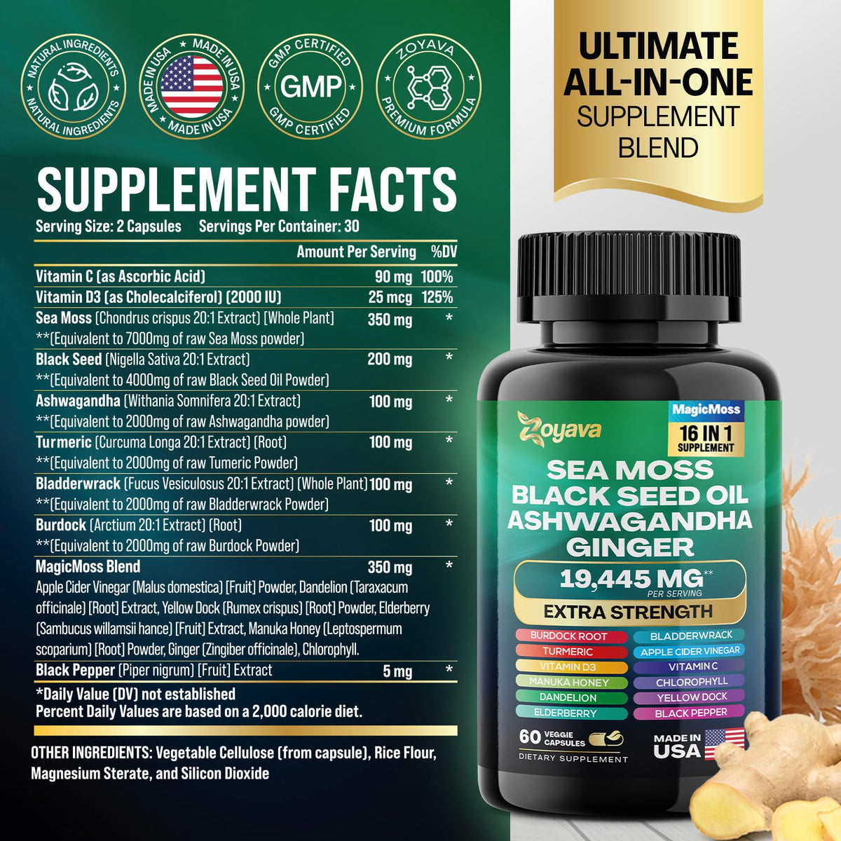 Zoyava Magic Moss Blend Sea Moss 7000mg Ashwagandha 2000mg Black Seed Oil