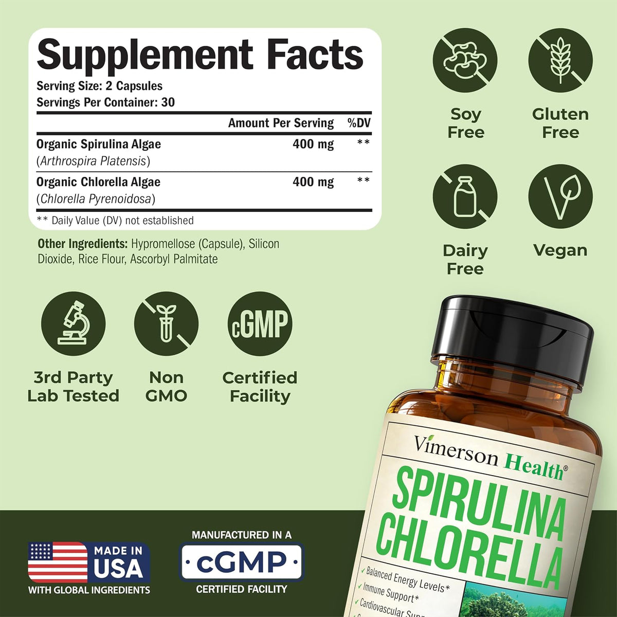 Organic Spirulina and Chlorella Capsules for Immune & Energy Support – 60ct