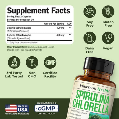 Organic Spirulina and Chlorella Capsules for Immune & Energy Support – 60ct