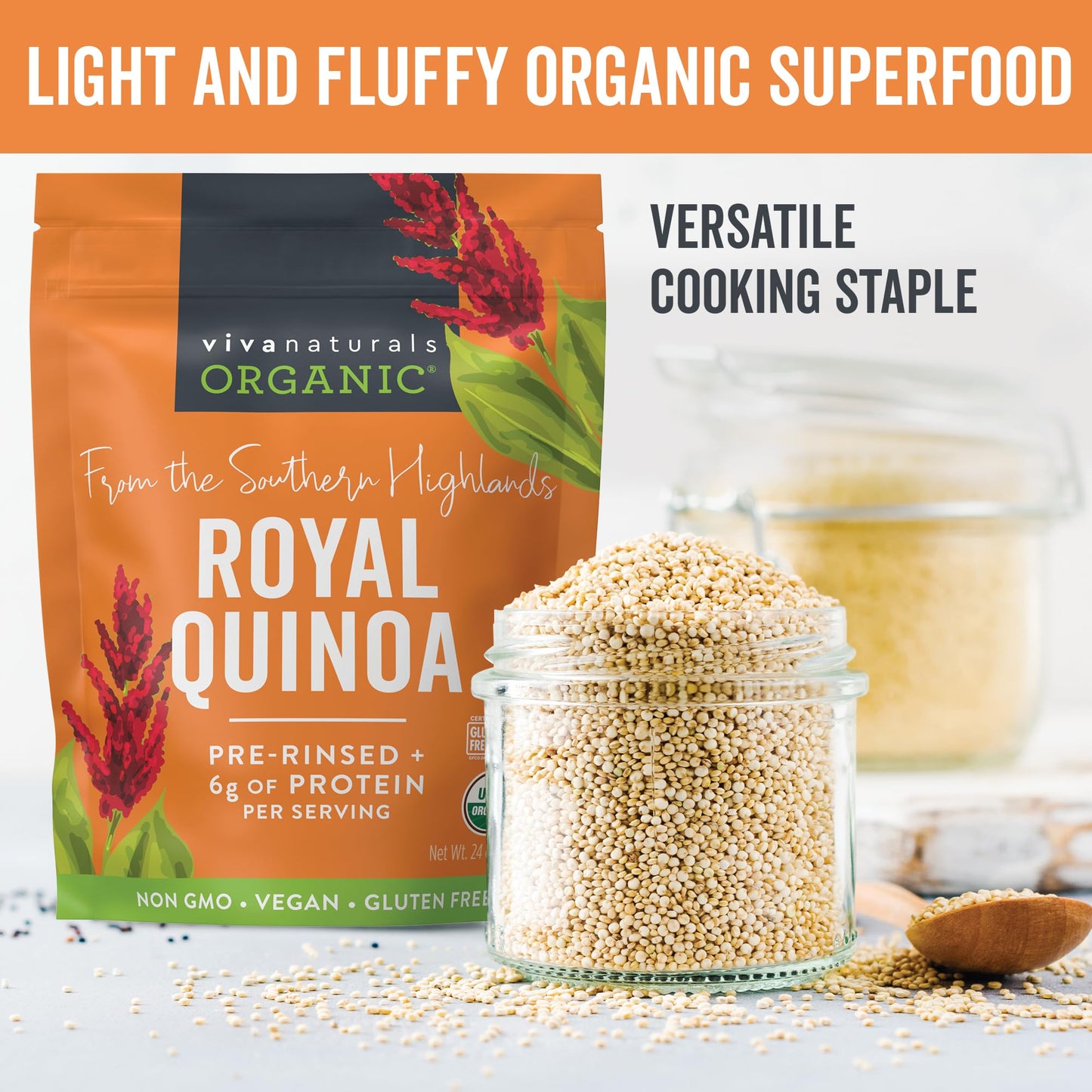 Viva Naturals Organic Quinoa, 4 lb – Pre-Washed Whole Grain, Plant Protein, USDA Organic, Gluten-Free, Non-GMO, Vegan, Kosher Rice and Pasta Substitute