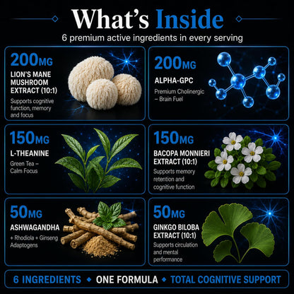 Neuro Boost Nootropic Capsules - Lions Mane, Bacopa, Alpha GPC, L-Theanine, Ashwagandha, Ginkgo Biloba Supplement for Mental Clarity, Focus, 120 Vegan Caps, Made in UK
