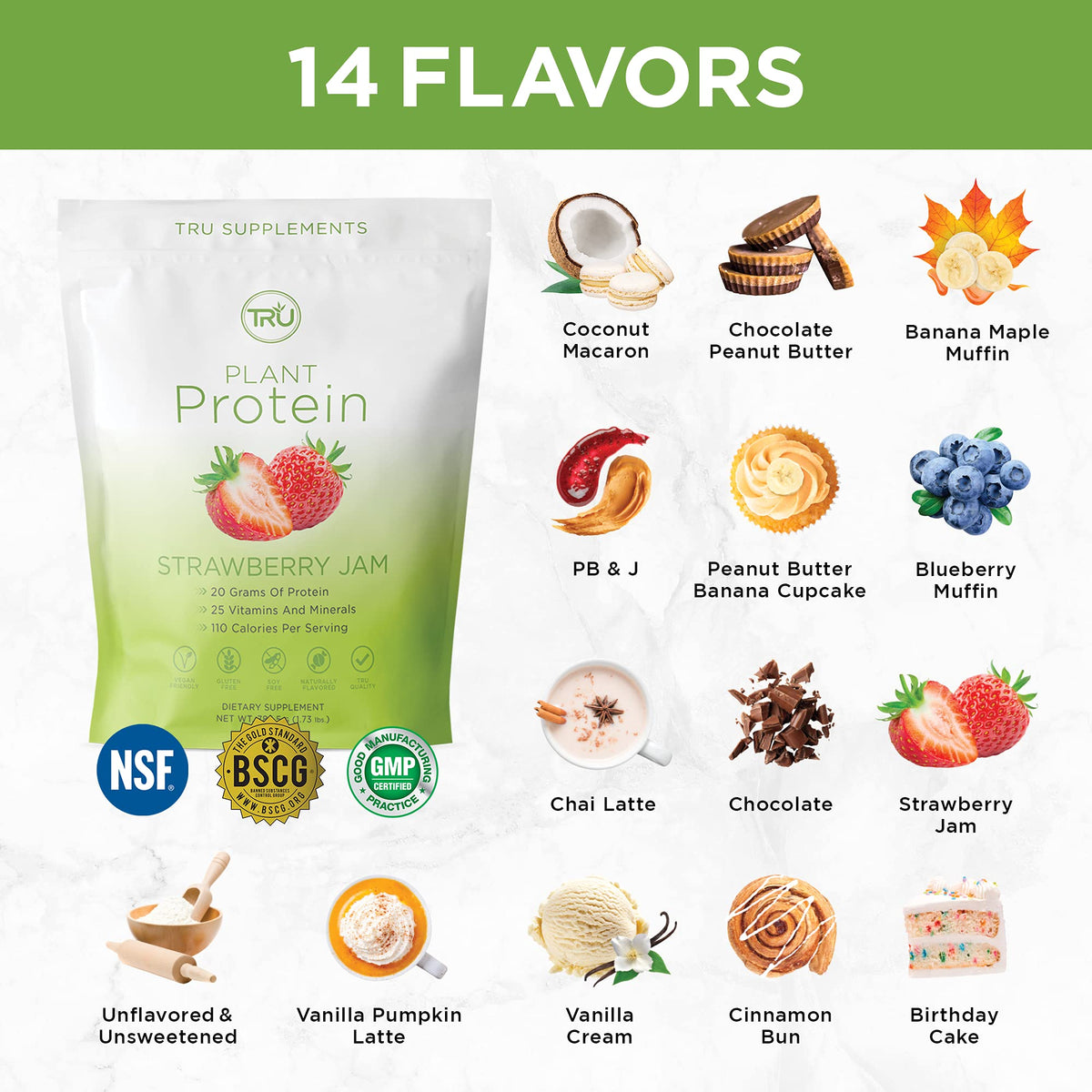 TRU Plant Based Protein Powder, BCAA, EAA, 20g Vegan Protein, 100 Calories, 27 Vitamins