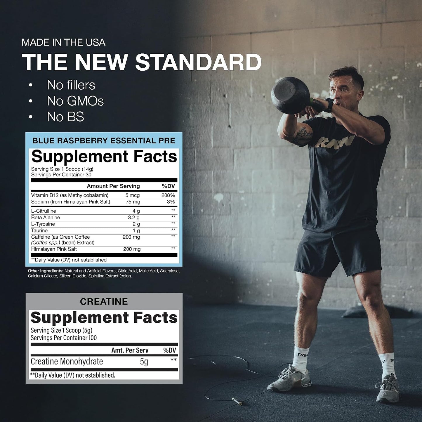 RAW Nutrition Creatine Monohydrate & Blue Raspberry Pre-Workout Powder Bundle