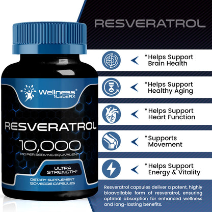 WELLNESS LABSRX Resveratrol Supplement 1000mg, 120 Capsules (60 Days Supply), Ultra-Strength High Purity Trans-Resveratrol for Healthy Aging, Anti-Aging and Heart Health Support - Vegan, Keto