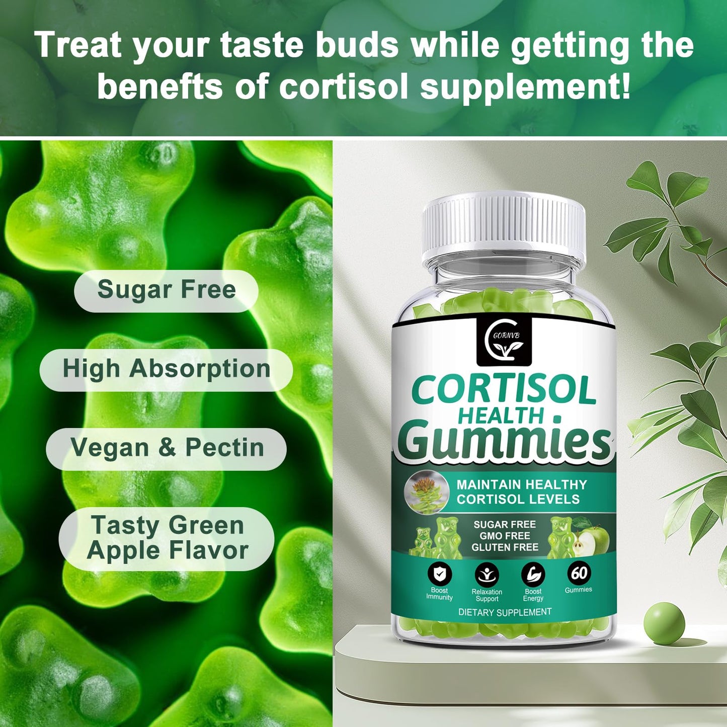 GORNVB Cortisol Gummies, Cortisol Supplement for Women with Magnesium, Ashwagandha, Rhodiola, Phosphatidylserine, L-Theanine, Black Pepper, Vitamin C & B6 - Relaxation, Focus, Sleep Support - 2 Pack