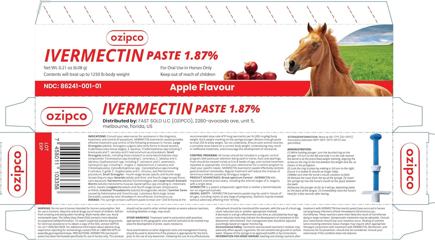 Ivermectin Horse Paste 1.87% | Apple Flavor – 6.08g Syringe for Equine Use Only Up to 1250 LB
