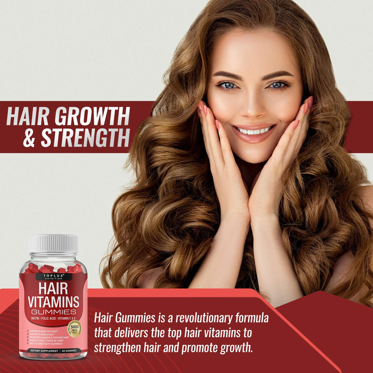 Hair Vitamins Gummies Supplement – Faster Hair Growth Gummy 5000mcg Biotin, Folic Acid