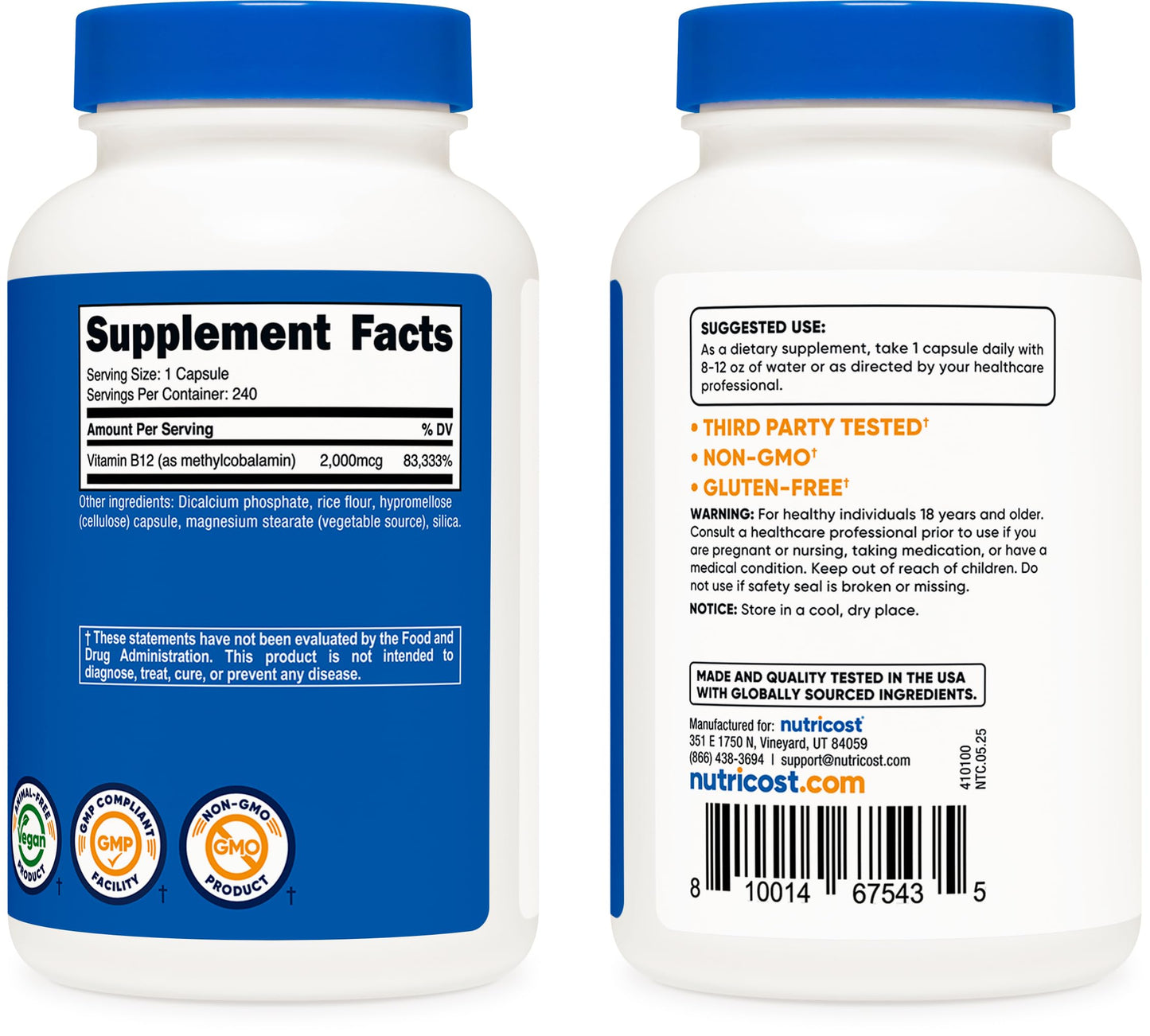 Nutricost Vitamin B12 (Methylcobalamin) 2000mcg, 240 Capsules - Vegetarian Caps, Non-GMO, Gluten Free B12 Supplement