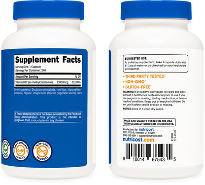 Nutricost Vitamin B12 (Methylcobalamin) 2000mcg, 240 Capsules - Vegetarian Caps, Non-GMO, Gluten Free B12 Supplement