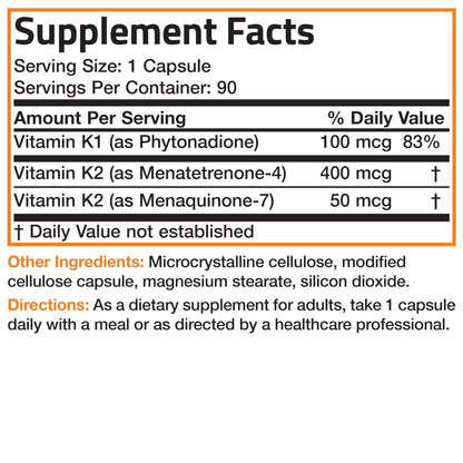 Vitamin K Triple Play (Vitamin K2 MK7 / Vitamin K2 MK4 / Vitamin K1) Full Spectrum Complex Vitamin K Supplement, 180 Capsules