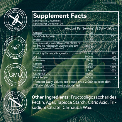Magnesium Glycinate Gummies 500mg with L-Threonate 300mg - Sugar-Free Magnesium Potassium Supplement with Vitamin D, B6, CoQ10 - Strawberry Flavored - 60 Gummies