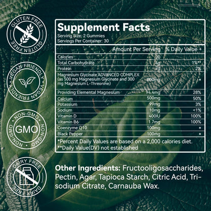 Magnesium Glycinate Gummies 500mg with L-Threonate 300mg - Sugar-Free Magnesium Potassium Supplement with Vitamin D, B6, CoQ10 - Strawberry Flavored - 60 Gummies