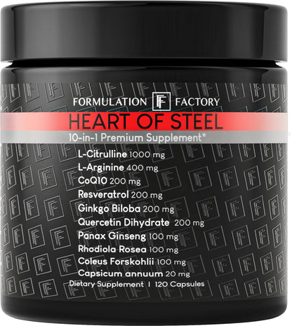 Formulation Factory Heart of Steel Nitric Oxide Supplements for Men & Women, Nitric Oxide Booster for Blood Flow & Circulation with L-Citrulline 1000mg, L-Arginine, CoQ10 & Resveratrol - 120 Capsules