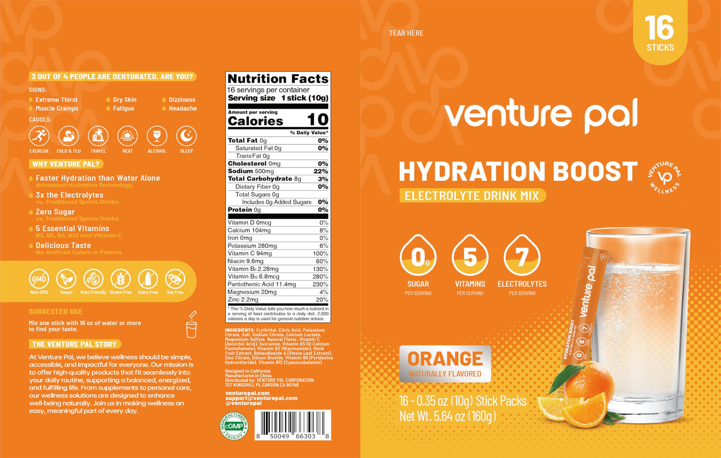 Venture Pal Sugar Free Electrolyte Powder, Liquid Daily IV Hydration Packet | 7 Electrolytes & 5 Vitamins, Electrolytes Dink Mix for Party Recovery & Instantly Hydration, Vegan, Keto-Friendly, 16 Sticks